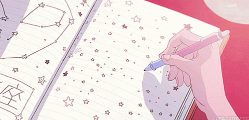 A Person Is Writing In A Notebook With Stars On The Pages GIF