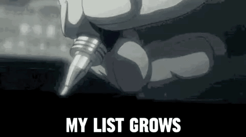 A Person Is Writing On A Piece Of Paper With A Pen And The Words `` My List Grows '' Written On It . GIF