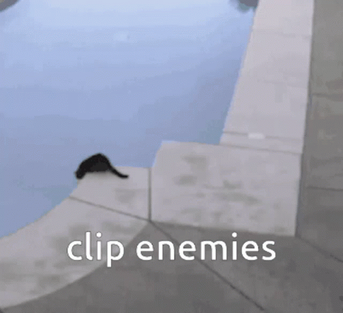 a person jumping over a black cat with the words clip enemies behind them