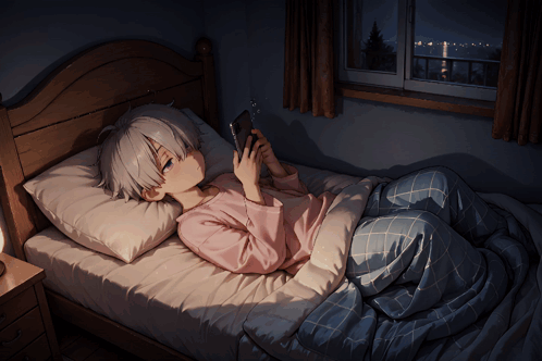 A Person Laying On A Bed Looking At A Phone GIF