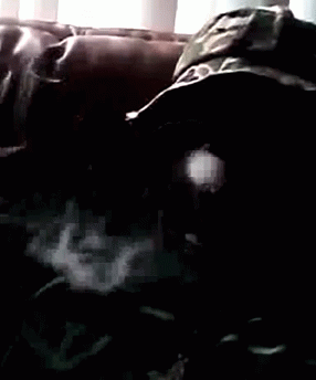 A Person Laying On A Couch Wearing A Camouflage Hat GIF