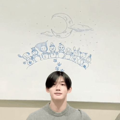 A Person Making A Heart With Their Hands In Front Of A Drawing Of Snowmen And A Crescent Moon GIF