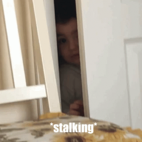 A Person Peeking Out Of A Door With The Word Stalking Written On The Bottom GIF
