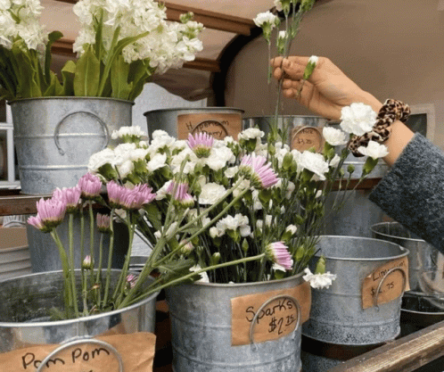 A Person Picking Flowers In A Bucket That Says Sparks GIF