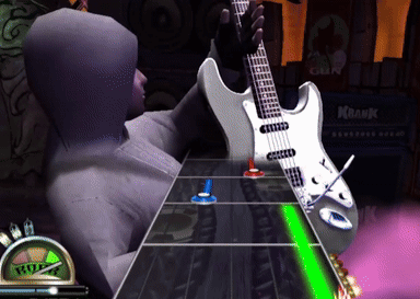 A Person Playing A Guitar In A Video Game With A Krank Amplifier In The Background GIF
