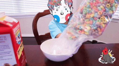 A Person Pouring Cereal Into A Bowl With A Carton Of Milk Behind Them GIF