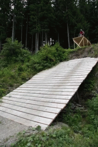A Person Riding A Bike On A Wooden Ramp In The Woods GIF