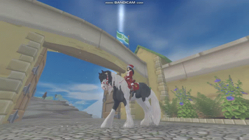 A Person Riding A Black And White Horse In A Video Game With The Website Www.bandicam.com Displayed GIF