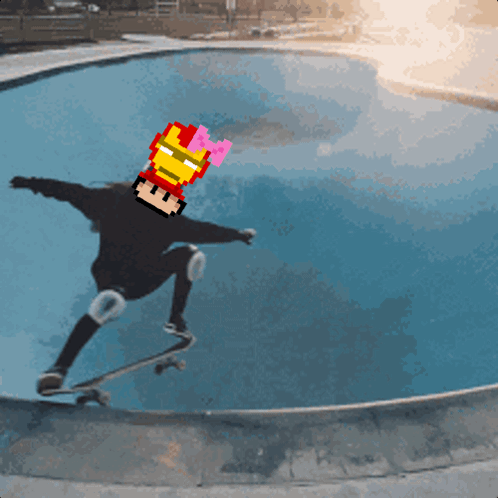 A Person Riding A Skateboard In A Pool With A Pixelated Iron Man Head GIF