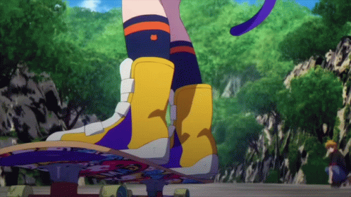 A Person Riding A Skateboard With A Purple Tail On The Back GIF