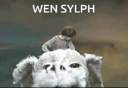 A Person Riding On The Back Of A White Dog With The Words Wen Sylph Written Above Them GIF