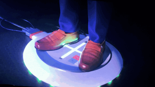 A Person 'S Feet Are Standing On A Circle That Has A Cross On It GIF
