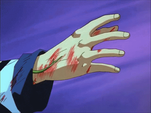 A Person 'S Hand Is Covered In Blood And A Green Plant Is Growing Out Of It GIF