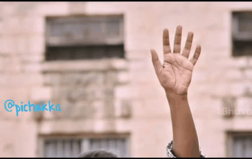 A Person 'S Hand Is Raised In The Air In Front Of A Building With The Hashtag @Pichikka GIF