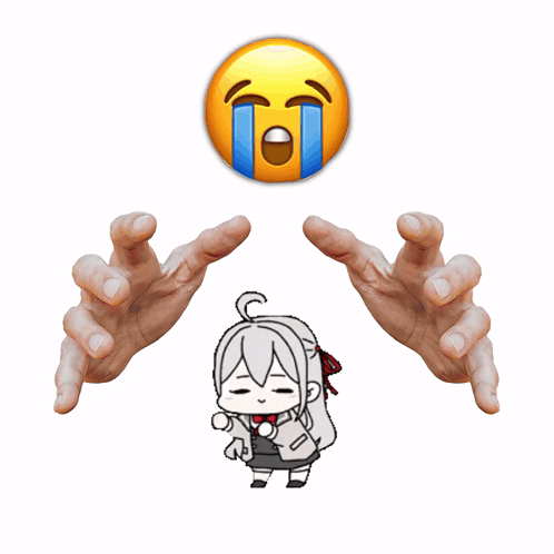 A Person 'S Hands Are Reaching Out Towards A Cartoon Character With A Crying Face GIF
