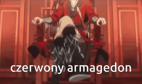 A Person Sitting In A Chair With The Words Czerwony Armageddon Written On The Bottom GIF