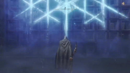 A Person Standing In A Dark Room With A Blue Light Coming Out Of The Ceiling GIF