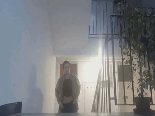 A Person Standing In Front Of A Balcony With A Plant GIF