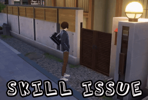 A Person Standing In Front Of A Building With The Words Skill Issue Written On The Bottom GIF