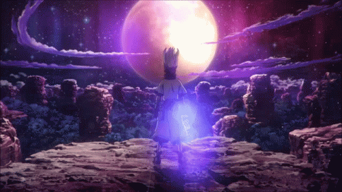 A Person Standing In Front Of A Full Moon With A Purple Light Coming Out Of Their Back GIF