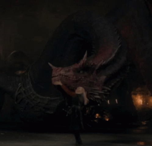 A Person Standing Next To A Large Dragon With A Fire In The Background GIF