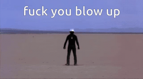 A Person Standing On A Beach With The Words " Fuck You Blow Up " On The Bottom GIF
