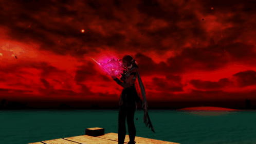 A Person Standing On A Dock Holding A Purple Object GIF