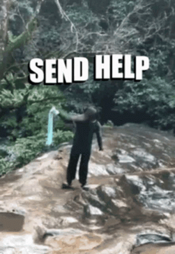 a person standing on a rock with the words send help written on it