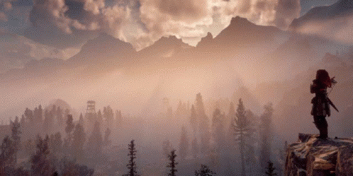 A Person Standing On Top Of A Mountain Looking Out Over A Foggy Forest GIF