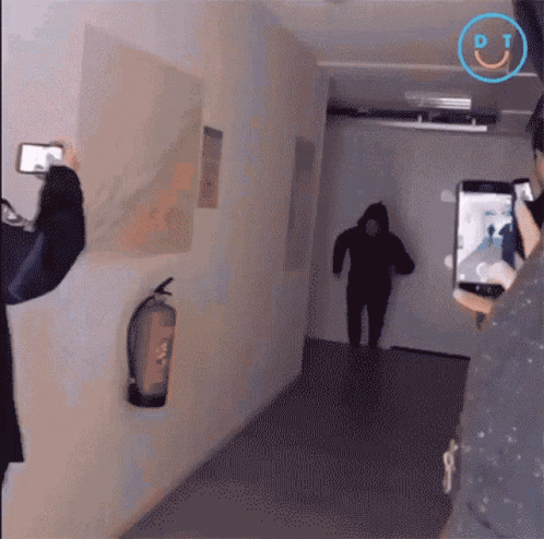 A Person Taking A Picture Of A Person In A Hallway With A Dt Logo On The Bottom GIF