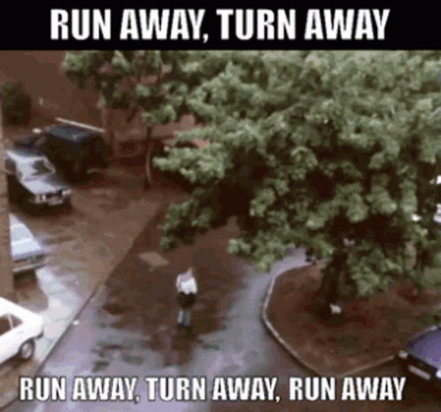 A Person Walking Down A Street With A Caption That Says Run Away Turn Away GIF