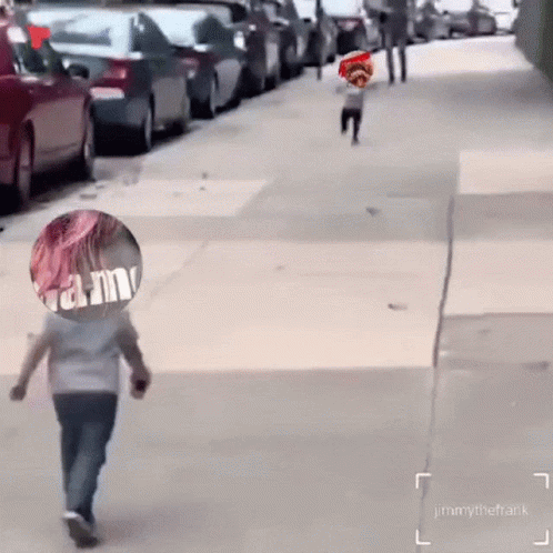 A Person Walking Down A Street With A Circle On Their Head That Says Farm GIF