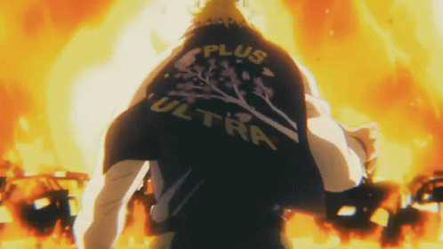 a person wearing a black jacket that says plus ultra on it