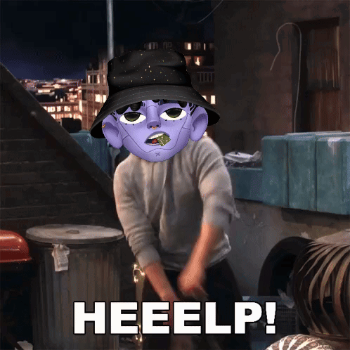 A Person Wearing A Bucket Hat With A Purple Face And The Words Heeelp On The Bottom GIF