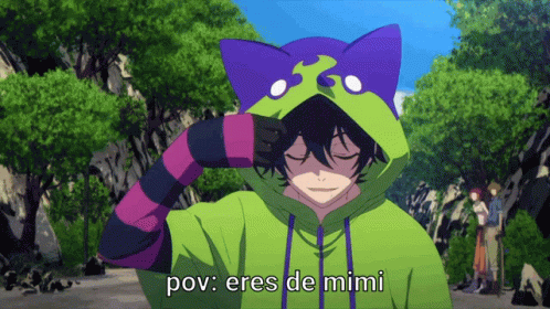 A Person Wearing A Cat Hoodie With The Words Pov Eres De Mimi Written On It GIF