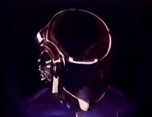 a person wearing a futuristic helmet with a skull on it is surrounded by purple lights .