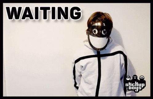 A Person Wearing A Gas Mask With The Word Waiting Behind Them GIF