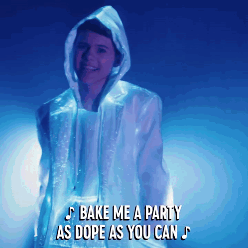 A Person Wearing A Glow In The Dark Jacket With The Words Bake Me A Party As Dope As You Can GIF