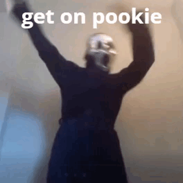 A Person Wearing A Helmet Is Dancing With Their Arms In The Air And The Words `` Get On Pookie '' Above Them . GIF