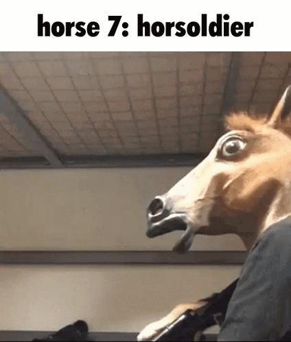 A Person Wearing A Horse Mask With The Words Horse 7 : Horsoldier Above It GIF