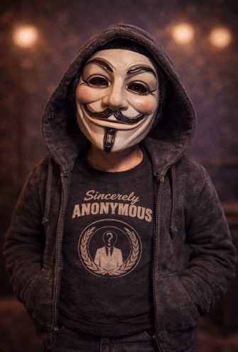 a person wearing a mask and a shirt that says " sincerely anonymous "