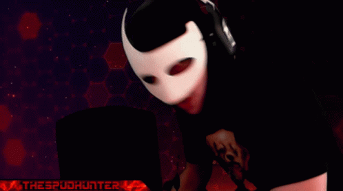 A Person Wearing A Mask And Headphones With The Words " Thespudhunter " Below Them GIF