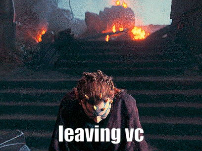 A Person Wearing A Mask With Horns And The Words Leaving Vc Above Them GIF