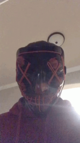 A Person Wearing A Mask With Red X 'S On The Eyes GIF