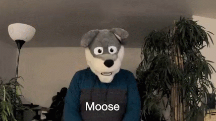 A Person Wearing A Moose Costume Is Standing In Front Of A Plant GIF