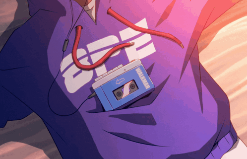 A Person Wearing A Purple Sweatshirt With The Word Walkman On It GIF
