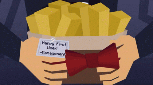 A Person Wearing A Red Bow Tie Is Holding A Bag Of French Fries That Says Happy First Week GIF