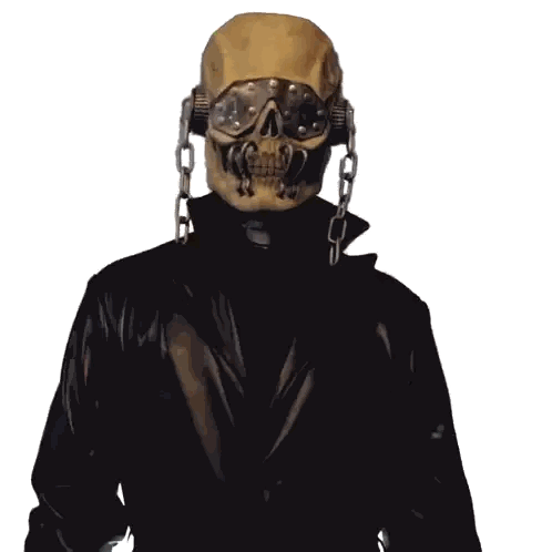 a person wearing a skull mask with chains around his neck