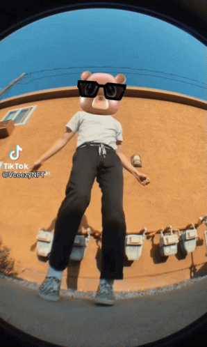 A Person Wearing A Teddy Bear Mask And Sunglasses Is Standing In Front Of A Building With A Tiktok Logo In The Corner GIF