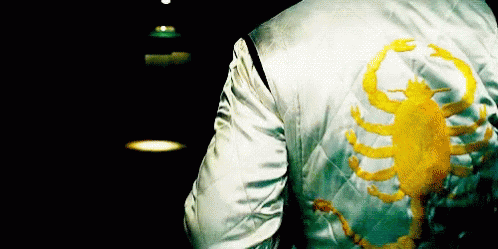 A Person Wearing A White Jacket With A Yellow Scorpion On It GIF